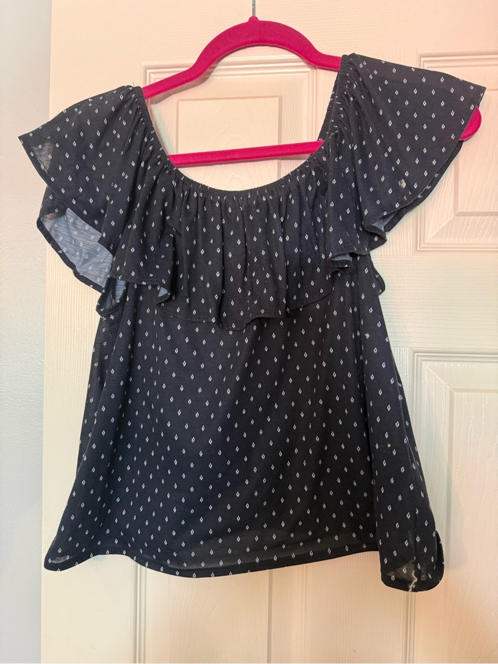 H&M Navy Off-Shoulder Ruffle Top with White Diamond Print